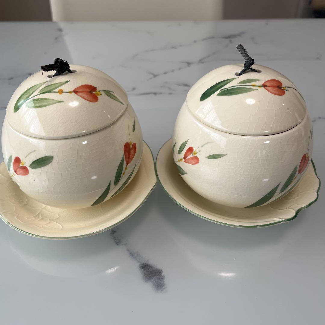 ピノコ　蓋つき煮物椀 菊の花模様 昭和レトロ】蓋付き煮物椀 クリーム色 花柄 2個セット 未使用