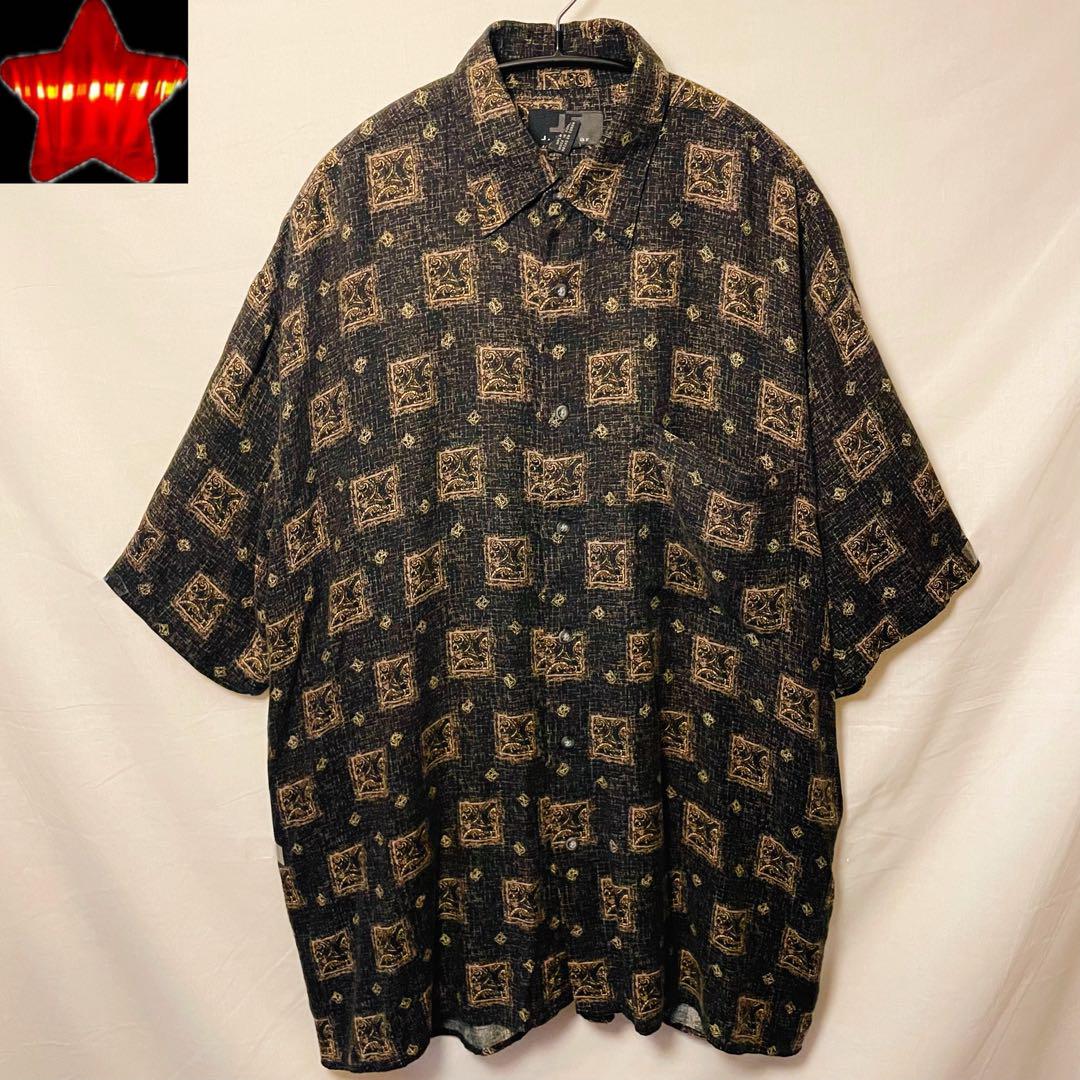 【90s J.Ferrar】総柄シャツ 半袖シャツ レーヨン レトロ 黒 アート