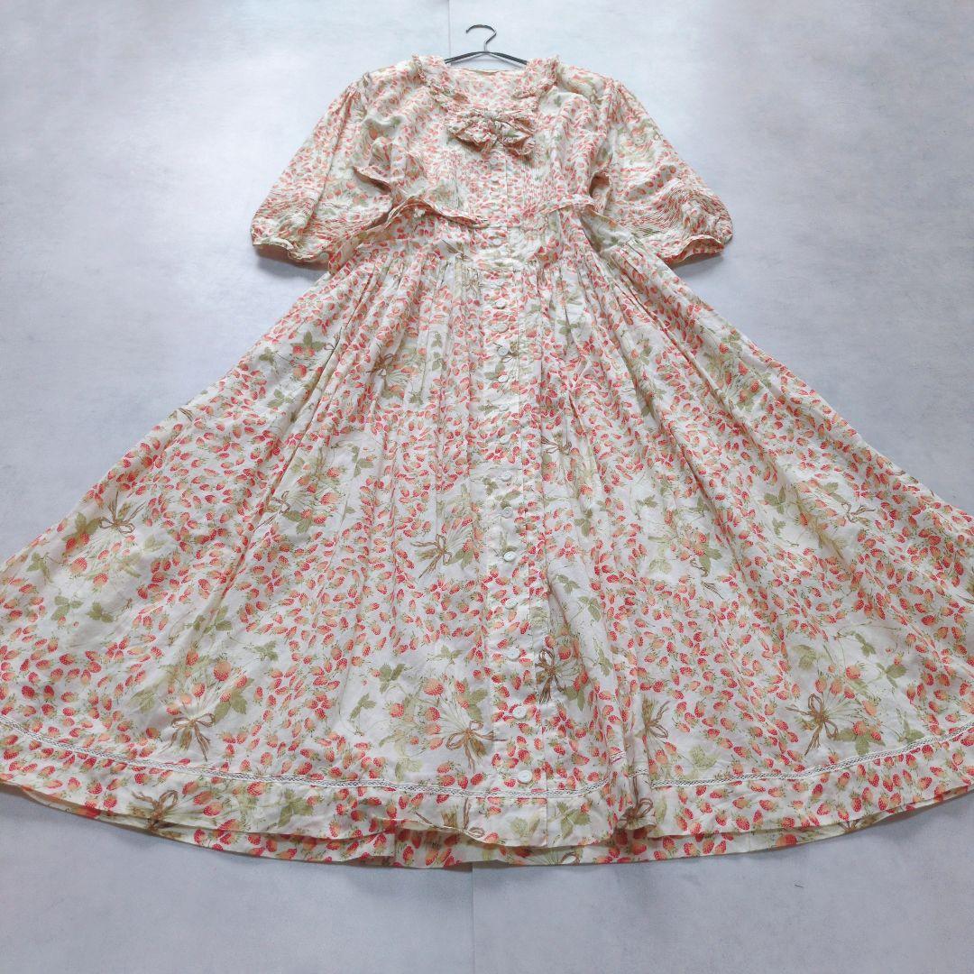 希少✨ピンクハウス　苺たっぷり　ワンピース　ヴィンテージ　ピコ加工　ベルト
