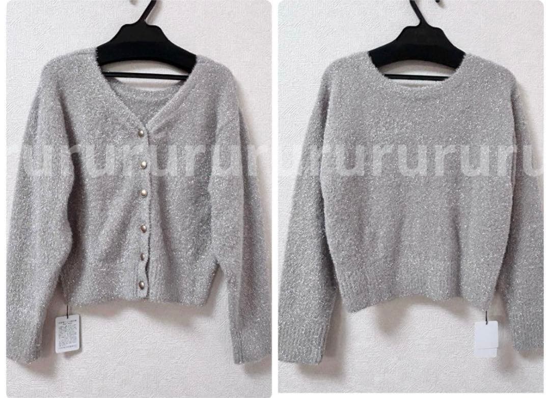 ★完売品★新品★ジャスグリッティー 前後2wayラメカーディガン グレージュ ★完売品★新品★ジャスグリッティー 前後2wayラメカーディガン グレージュ