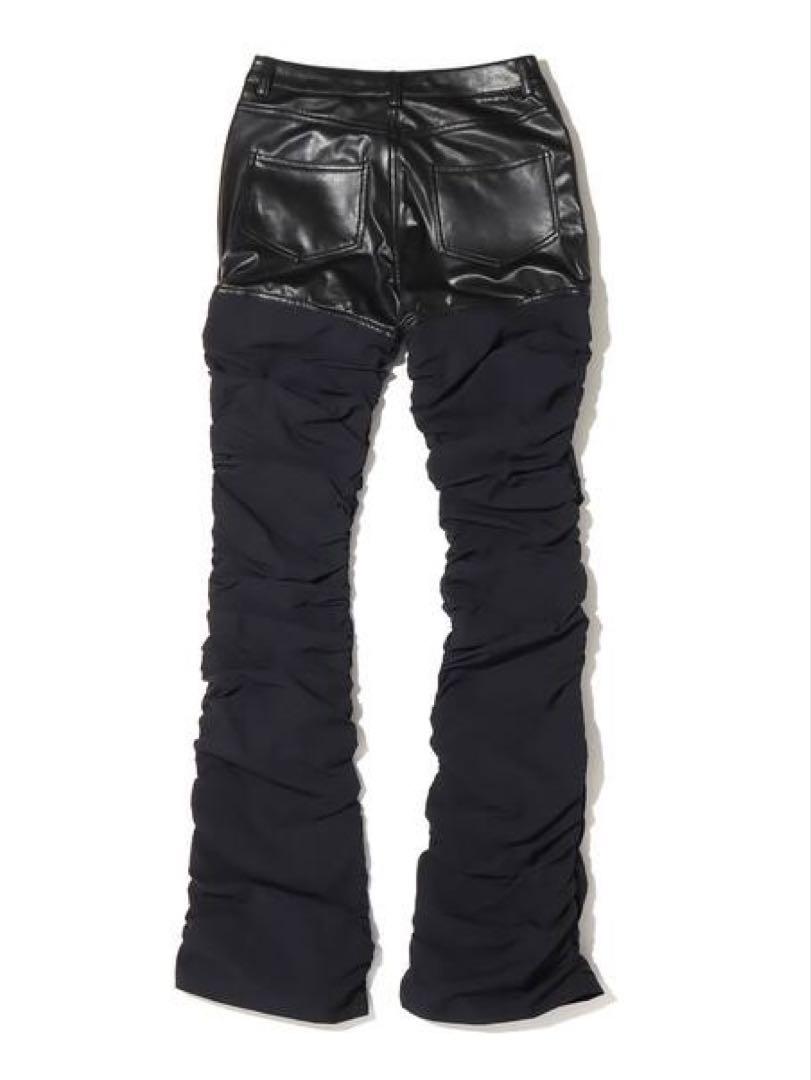 異素材 ドッキング フレアパンツ BLACK レザー シャカシャカ