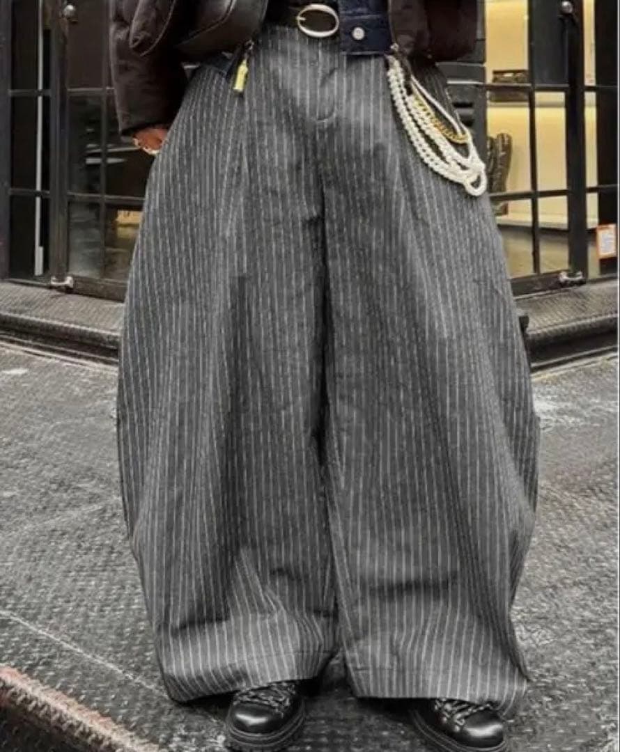ストライプ ワイドパンツ グレー