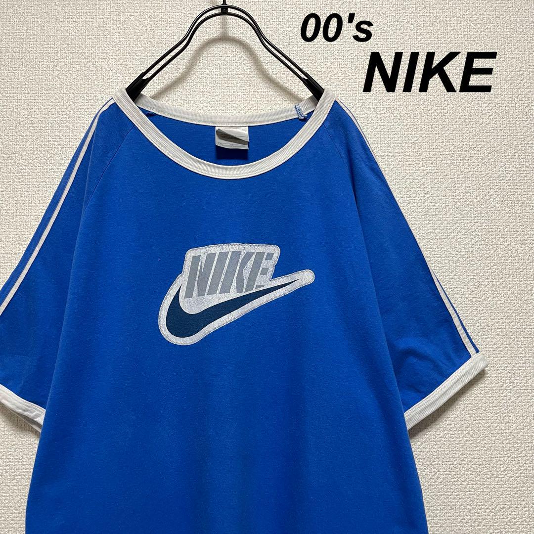 レアデザイン 00s オールド ナイキ リンガーTシャツ 青 サイドライン 希少