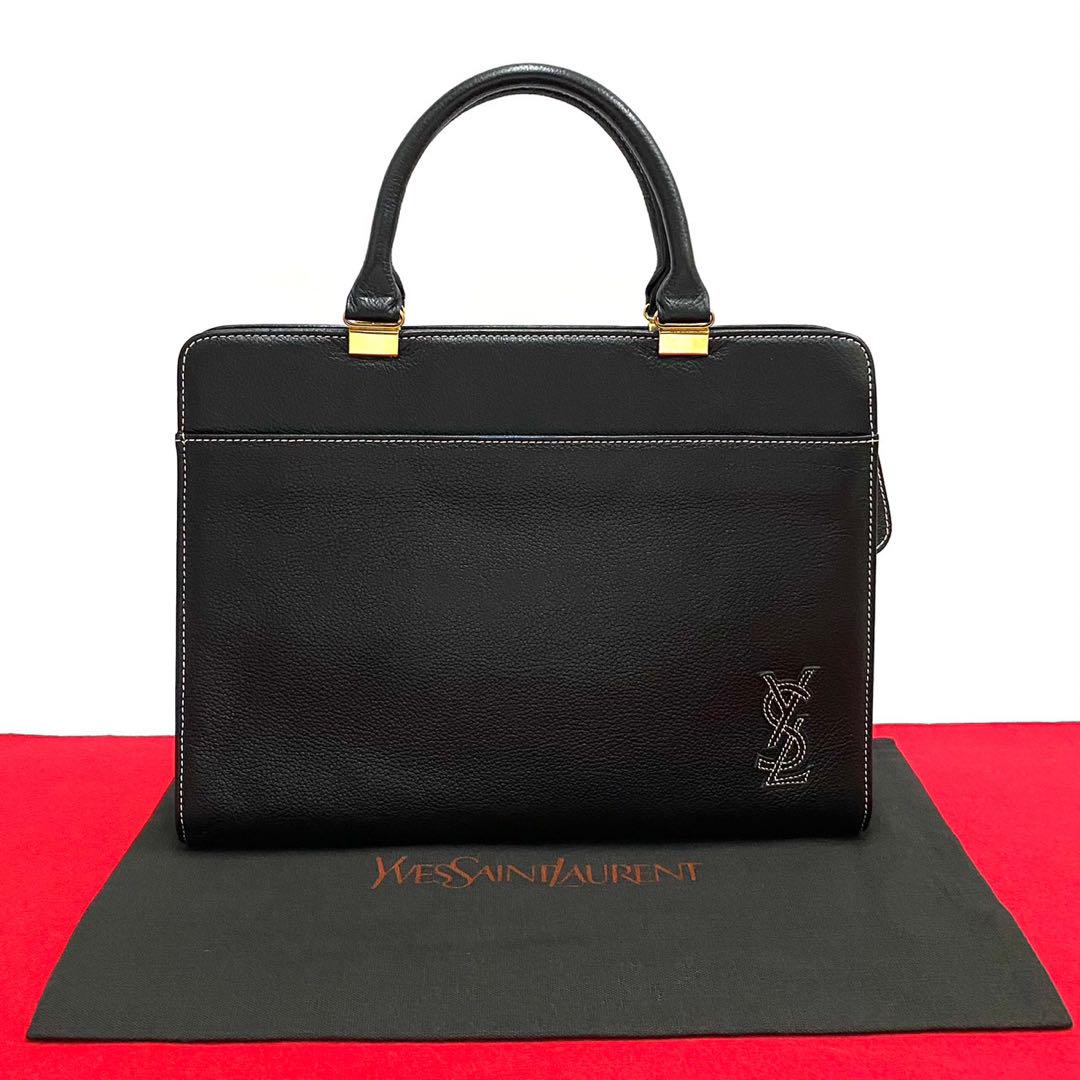 ほぼ未使用 イヴサンローラン YSL ロゴ ステッチ レザー ハンドバッグ 黒