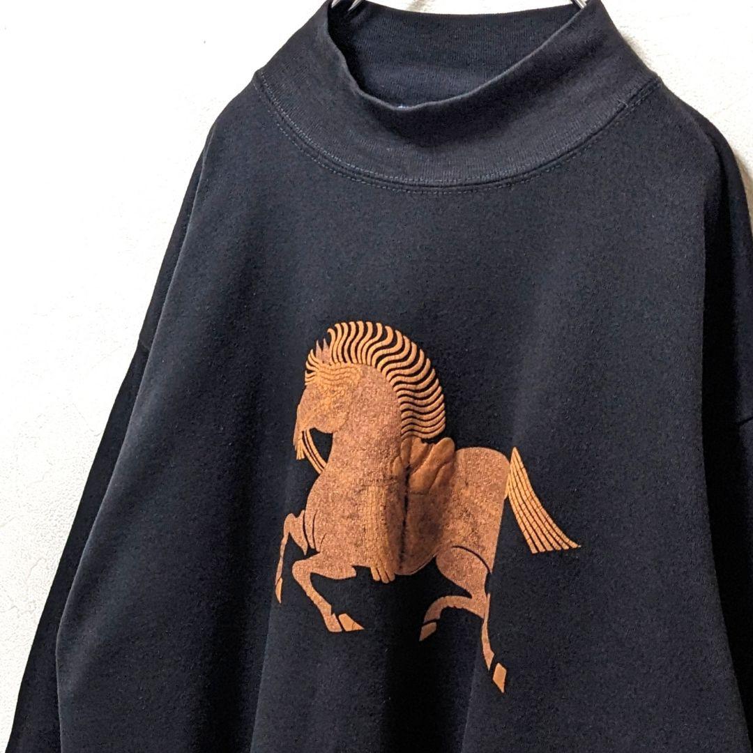 USA製 ホース ハイネック デカロゴ スウェットトレーナー ブラック黒L古着