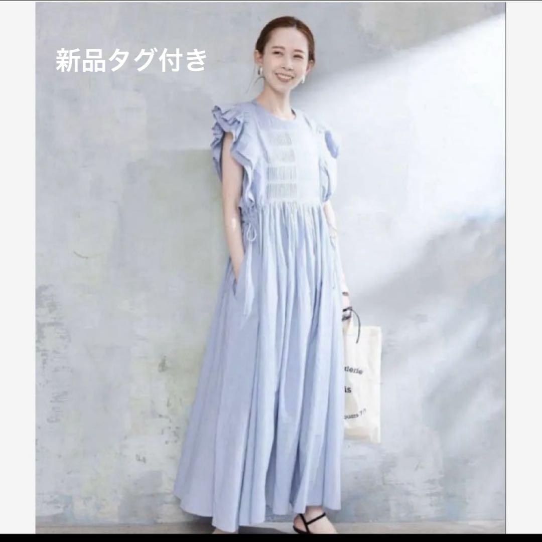 新品⭐️SLOBE IENAピンタックフリルノースリーブインド綿マキシ丈ワンピース