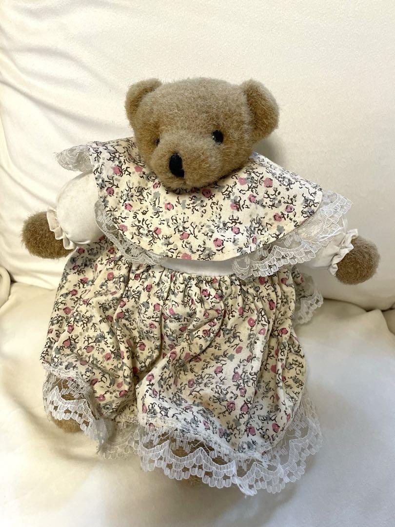 【アンティーク】ハンドメイド 人形 クマのぬいぐるみ付き テディベア ハンドメイド くま ぬいぐるみ 花柄 ホワイト