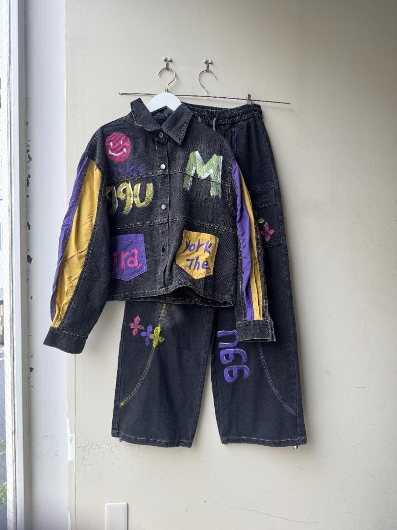 ＜ソウル市場製品＞アートデニムジャケット・パンツセットアップ　ブラック