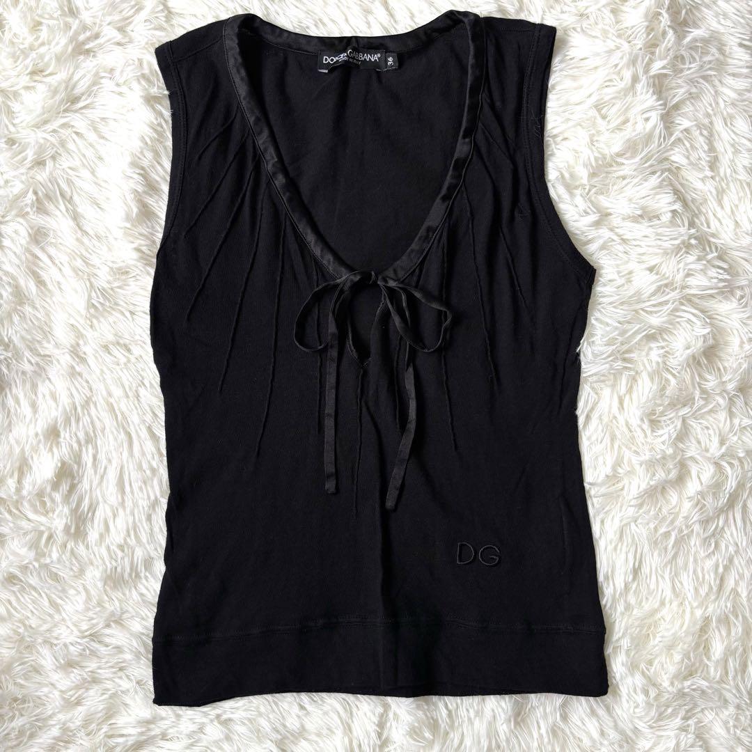 D&G ドルガバ ロゴ刺繍タンクトップ ノースリーブ リボン 黒 36
