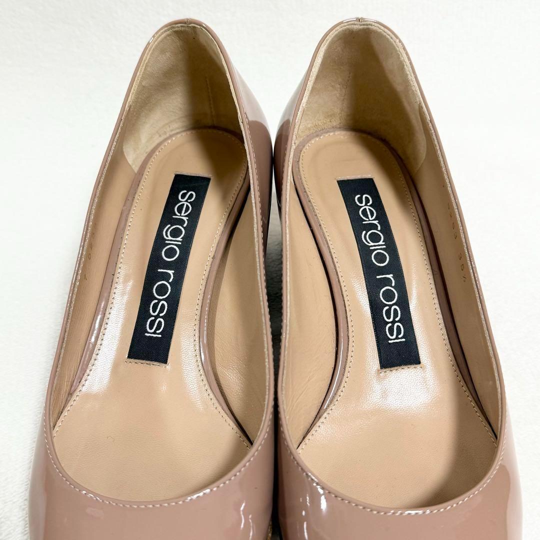 美品 セルジオロッシ エナメルパンプス 35 1/2 ベージュ チャンキーヒール