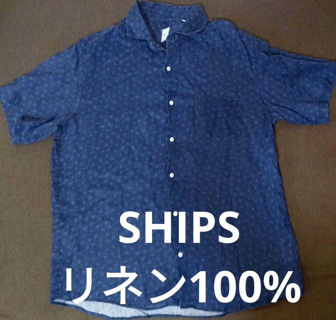 SHIPS シップス リネン 麻 100% 半袖シャツ ネイビー ブルー 花