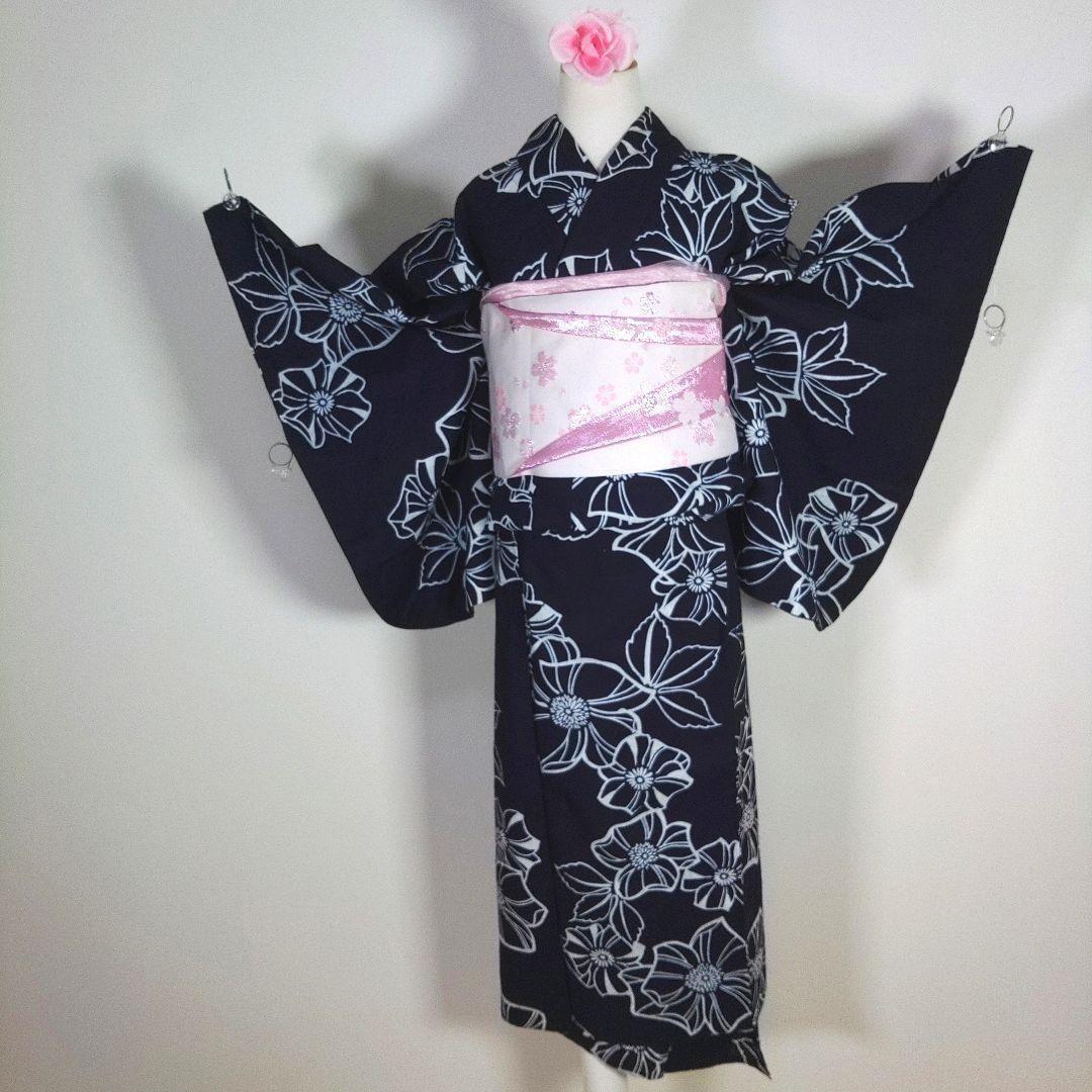 レトロ　浴衣セット　140cm　女の子　作り帯　ピンク　ラメ　かごバッグ　兵児帯