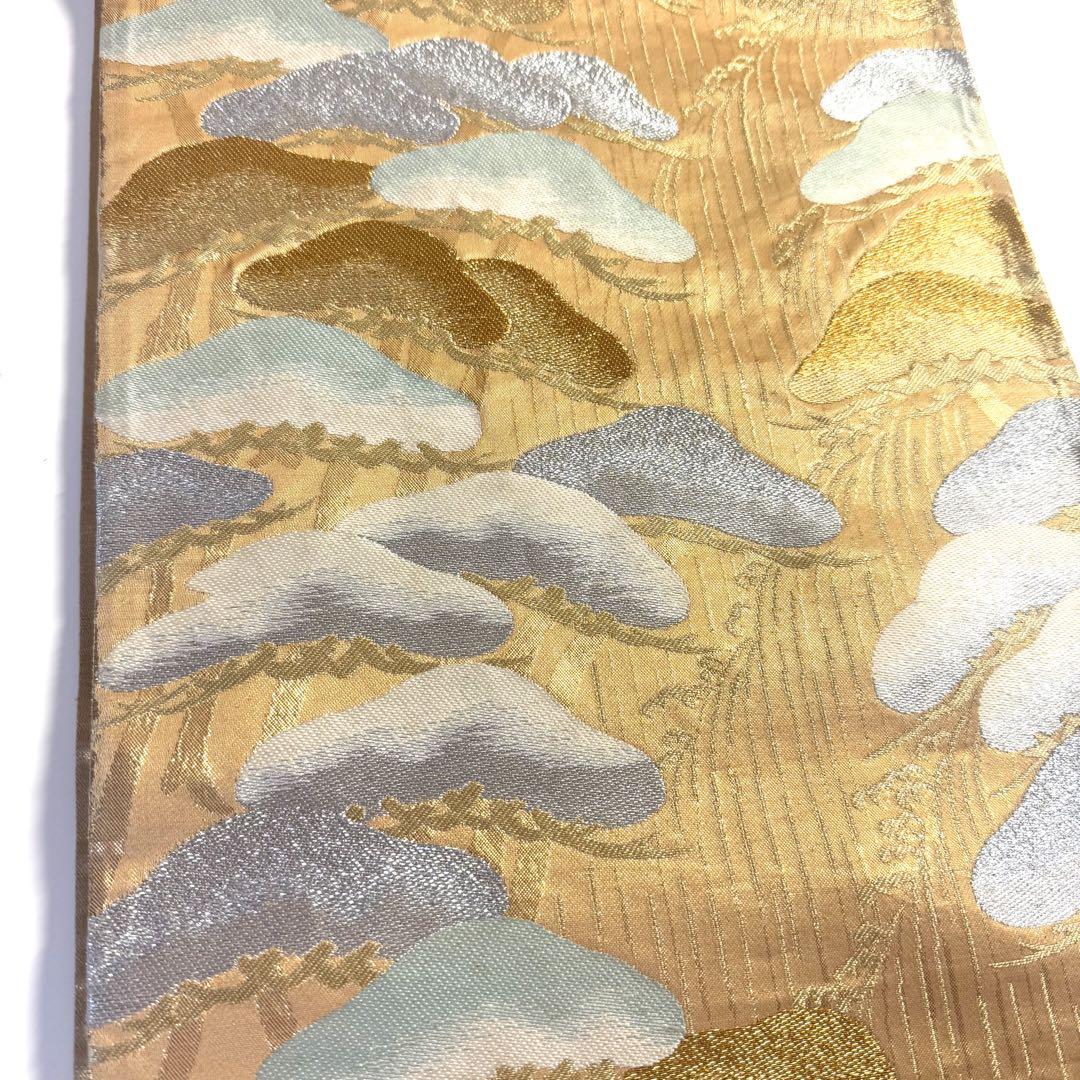 5k2268 袋帯　絹　西陣織　松文　金色　銀色　白　青　柄物　和装　着物