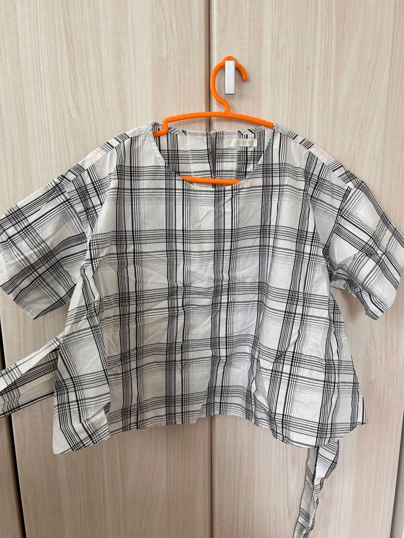 チェック柄 半袖シャツ ウエストリボン付き