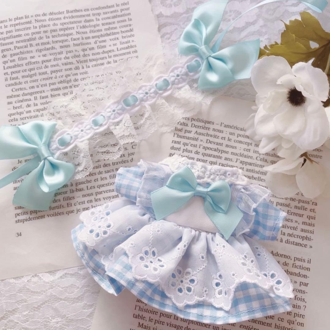 16cm ぬい服 ギンガムチェックのエプロンドレス 水色