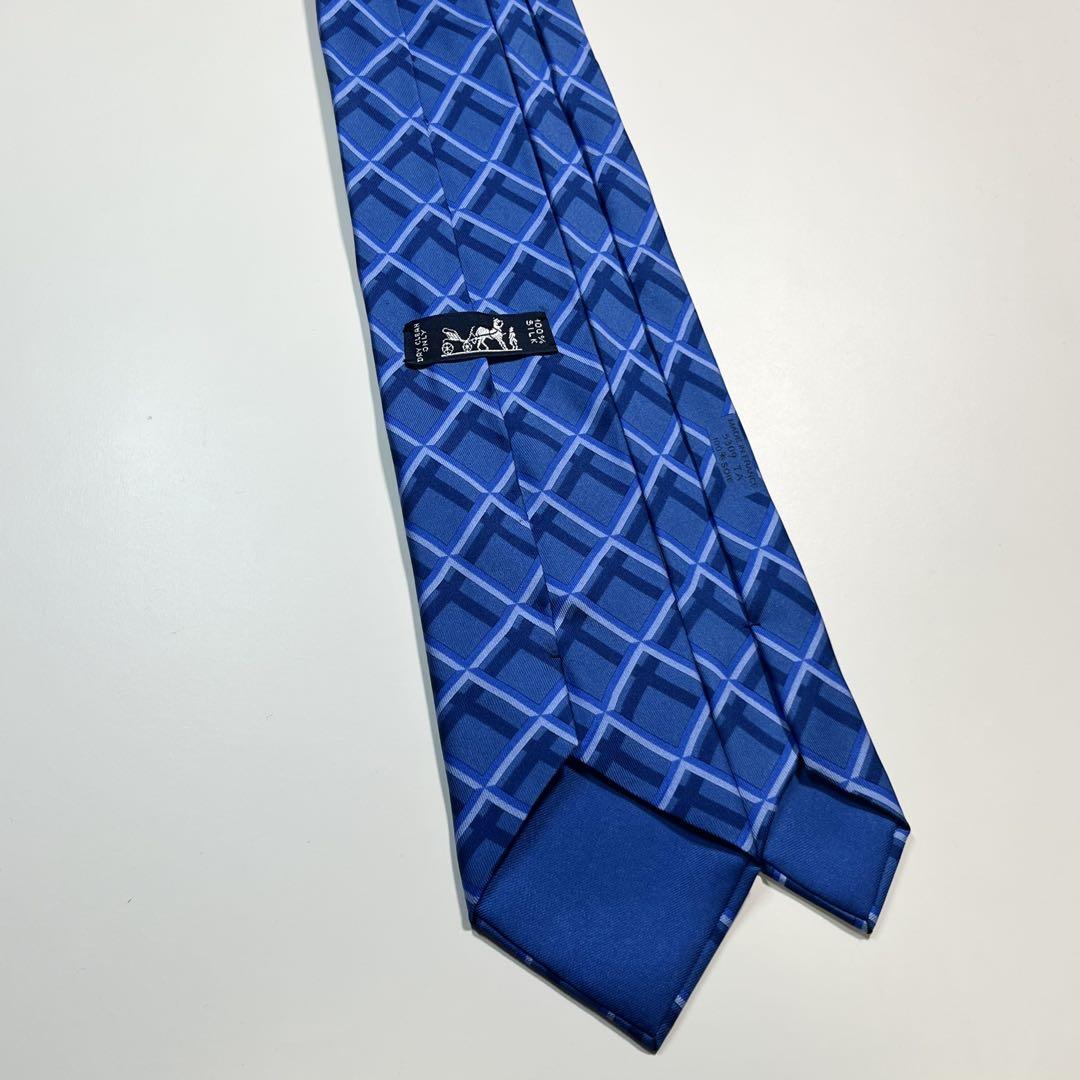 ✨良品✨HERMES エルメス　ネクタイ　チェック柄　シルク　ビジネス　ブルー