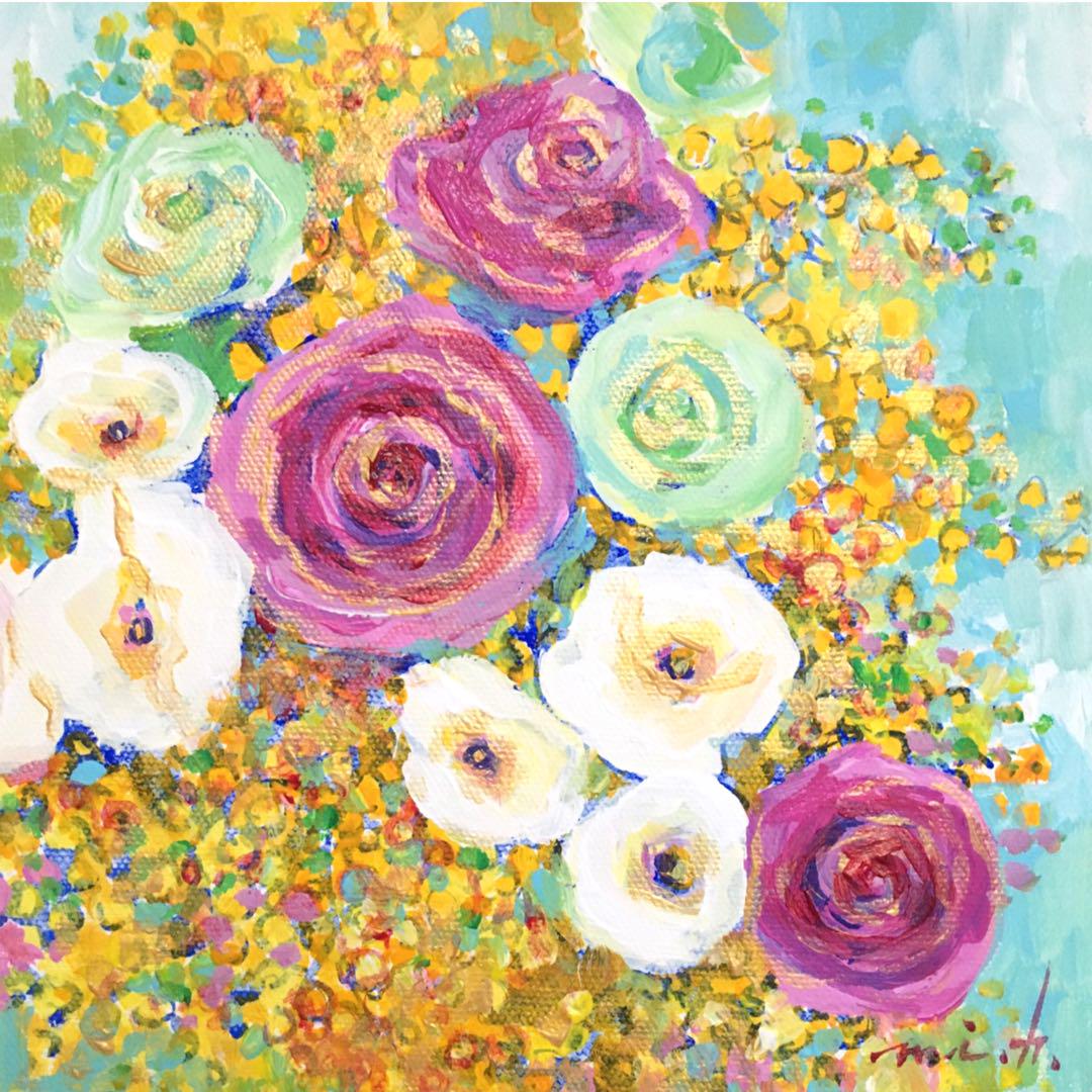 薔薇とミモザ 20センチ四方立体キャンバス アクリル画 - メルカリ