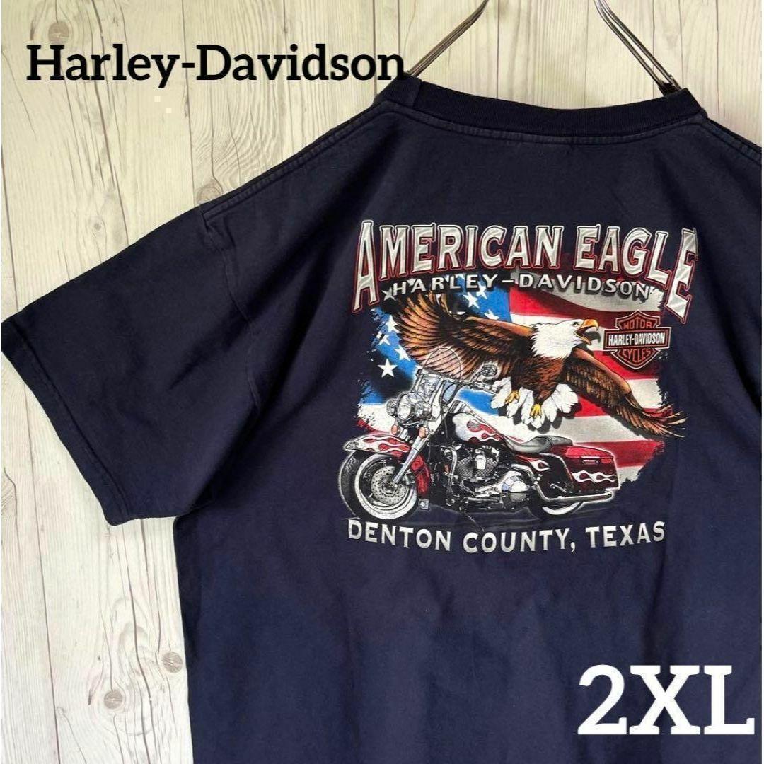 ハーレーダビッドソン 半袖Tシャツ　ビック2XLサイズ　デカプリント　紺バイク鷹