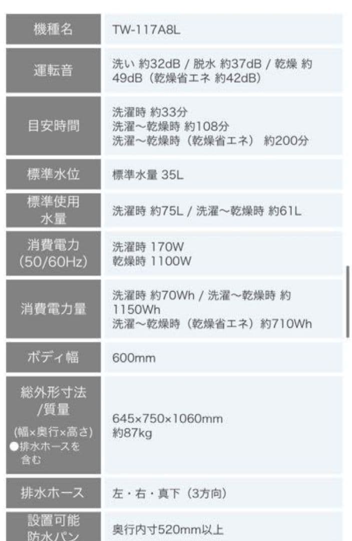 19年製ドラム式洗濯乾燥機　TOSHIBA ザブーン　TW-117A8L(W)