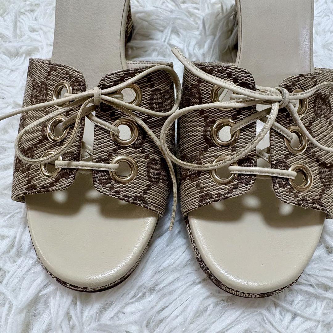 GUCCI グッチGGキャンバス レースアップ ウェッジサンダル 35.5C