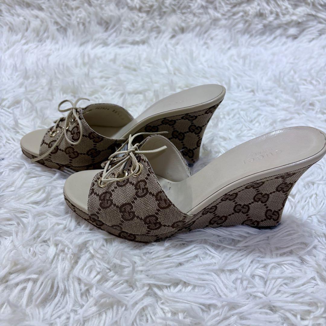GUCCI グッチGGキャンバス レースアップ ウェッジサンダル 35.5C
