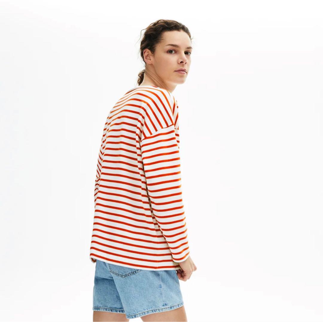 リラックスフィット ストライプデザインTシャツ (7分袖) レッド　Sサイズ