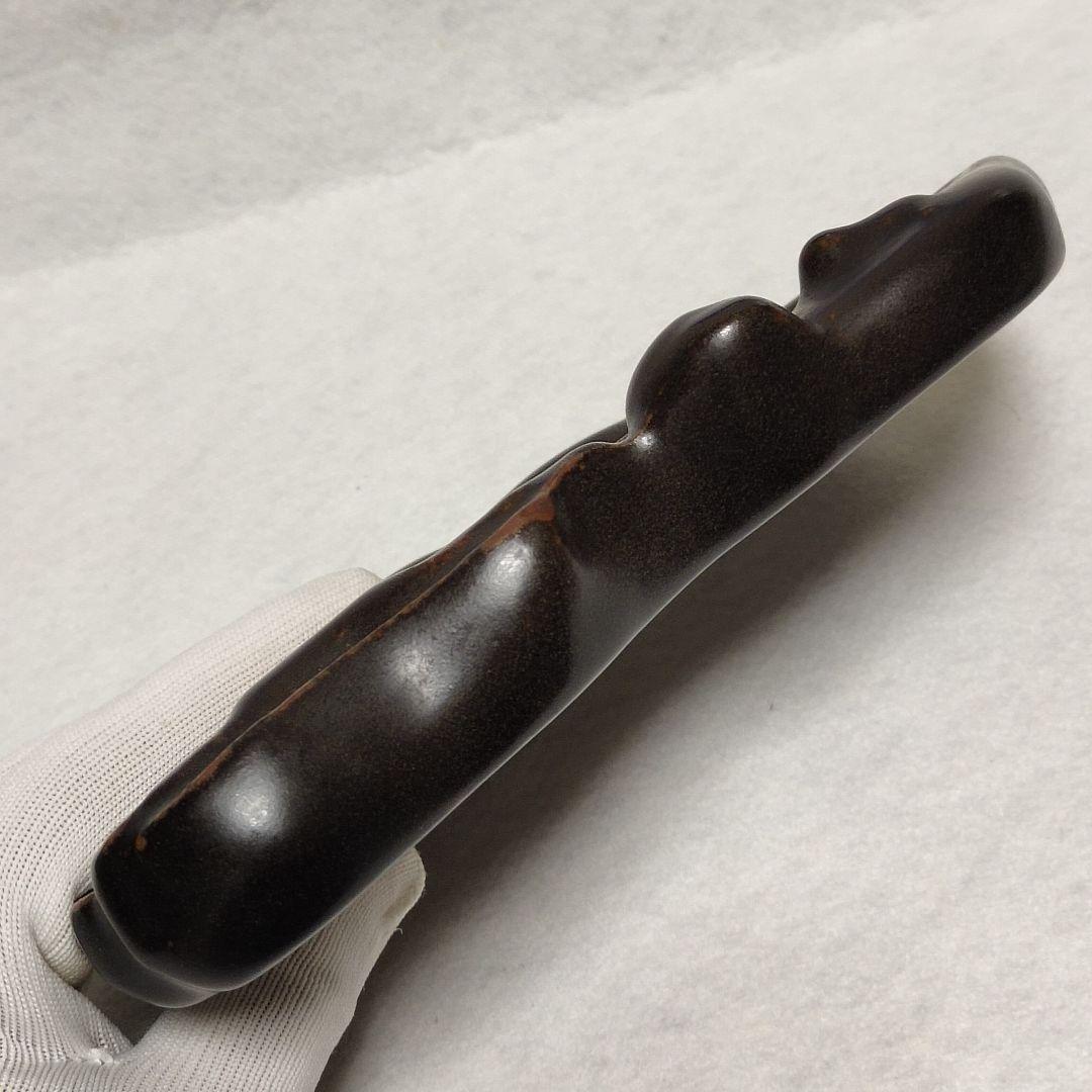 時代文房具 中国古磁 吉州窯 黒釉 堆彫 蓮根蛙趣紋 硯 筆添 美品