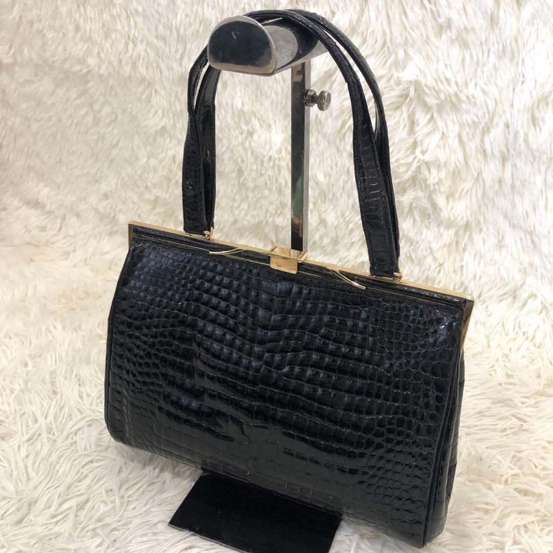 美品✨ハマノ サンピエトロ　リアルクロコダイル　ハンドバッグ ブラック