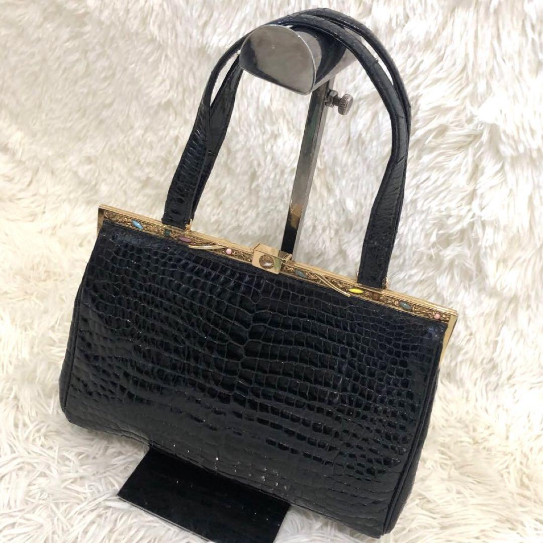 美品✨ハマノ サンピエトロ　リアルクロコダイル　ハンドバッグ ブラック