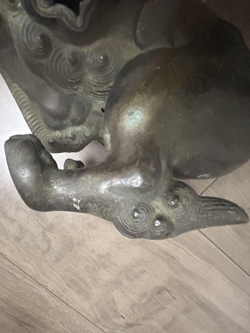 古董，古銅製，金工，獅子香炉，重1900克 工芸品