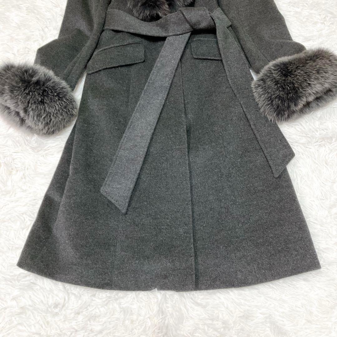 マテリア ミラノ アンゴラ混 ベルテッドコート ブルーフォックスファー 美品✨マテリア アンゴラ ウール ロングコート ブルーフォックス