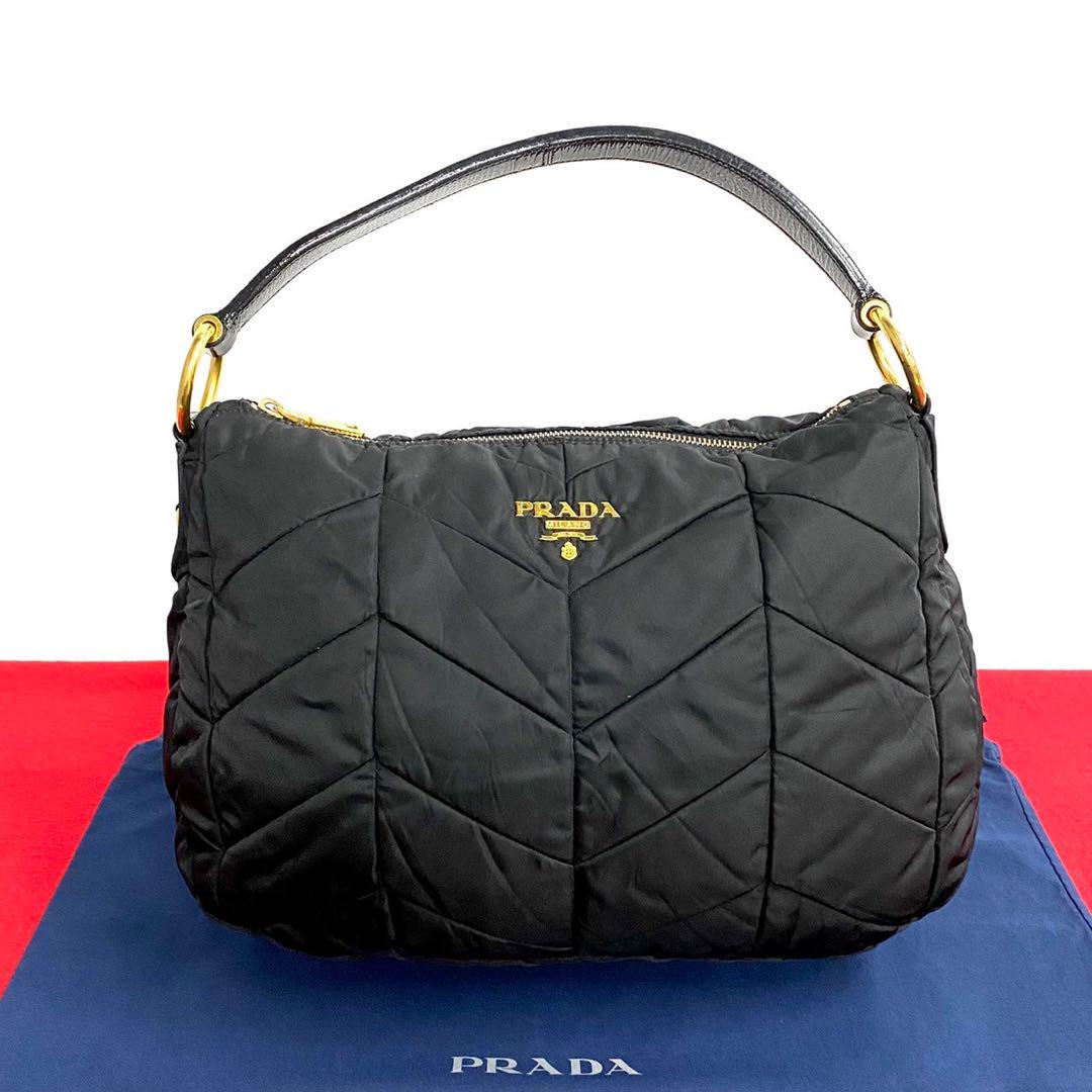 極 美品 プラダ ロゴ 金具 レザー ナイロン ハンドバッグ セミ ショルダー