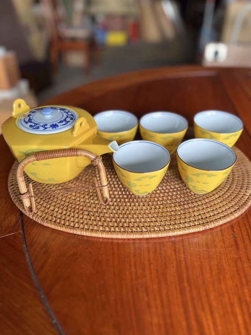 たち吉橘吉急須湯呑みセット茶器揃え黄地草文茶器揃黄色黄交趾唐草