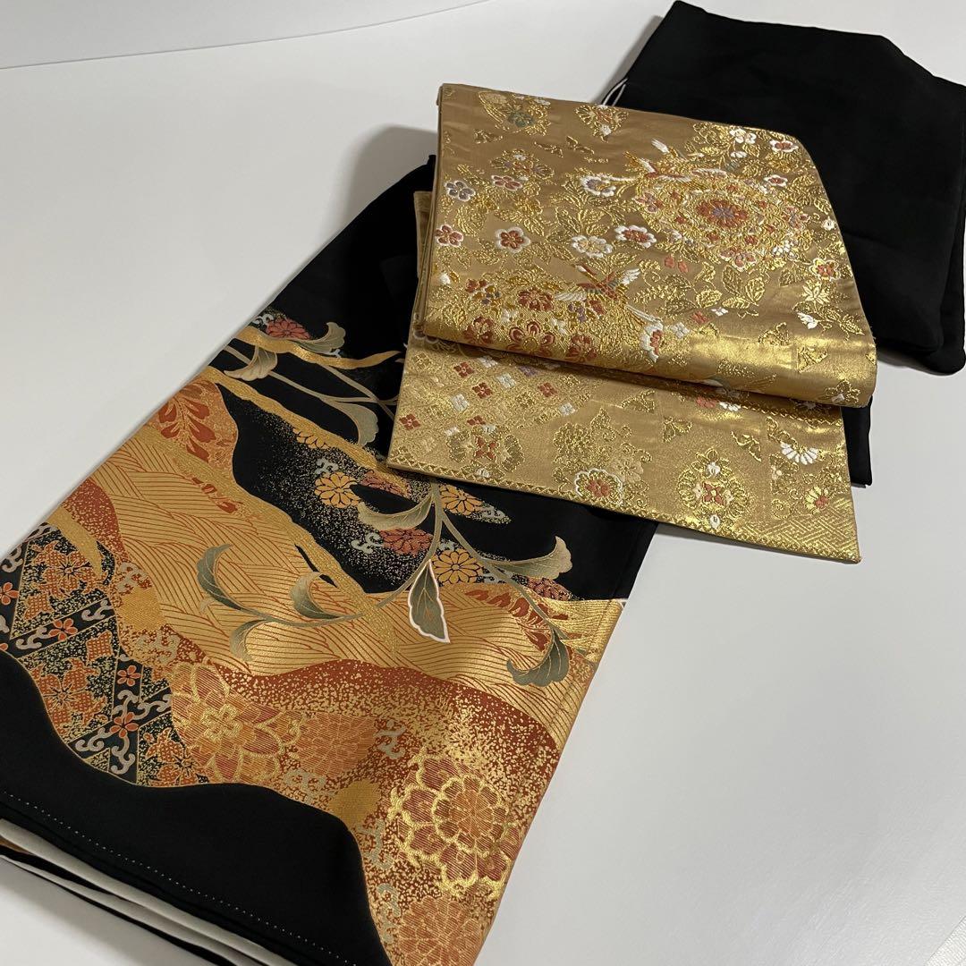 黒留袖 袋帯 セット 金駒刺繍 鳳凰文様 正絹 比翼仕立 裄66 N918
