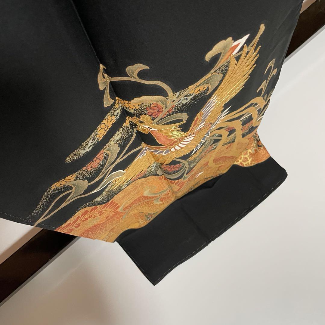 黒留袖 袋帯 セット 金駒刺繍 鳳凰文様 正絹 比翼仕立 裄66 N918