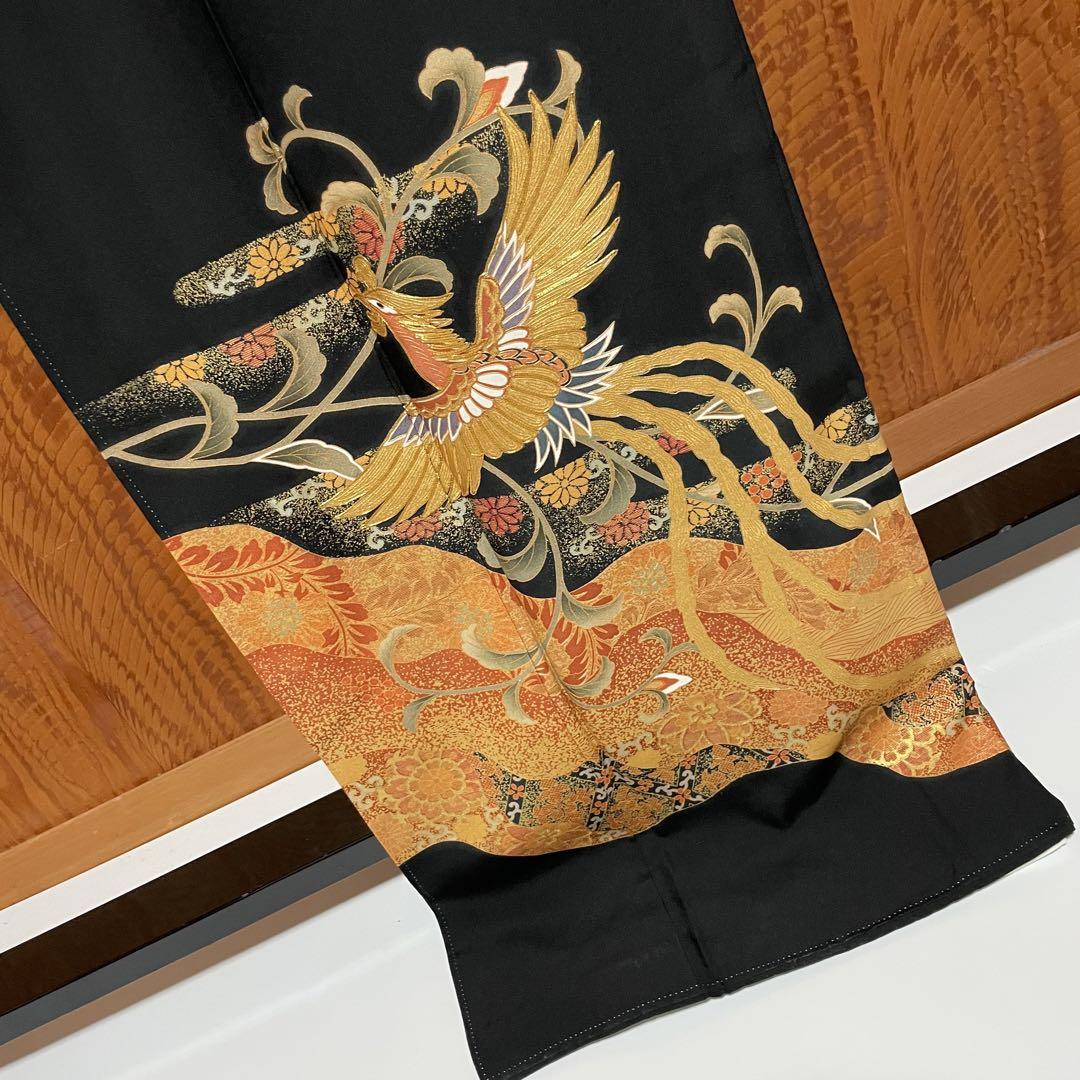 黒留袖 袋帯 セット 金駒刺繍 鳳凰文様 正絹 比翼仕立 裄66 N918