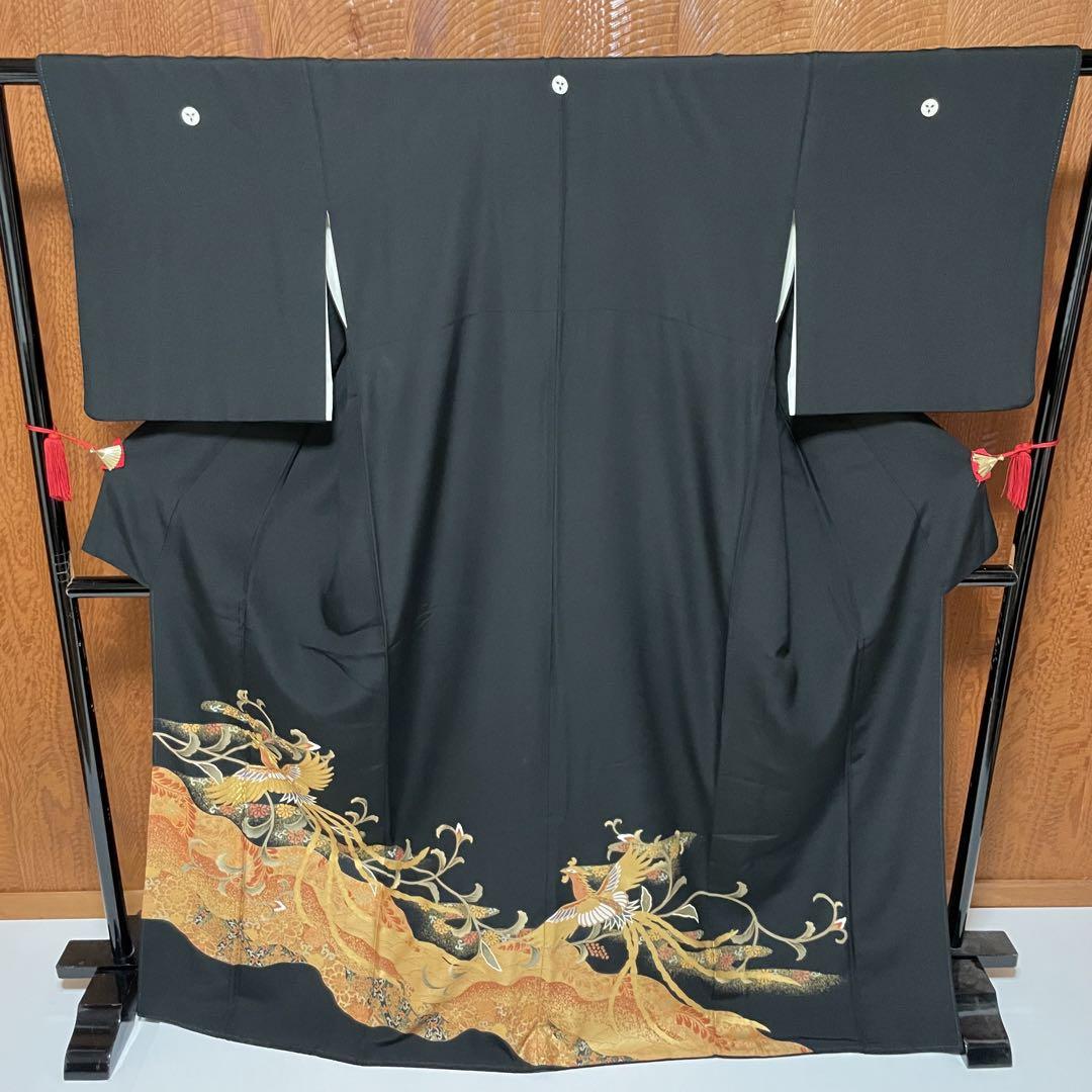 黒留袖 袋帯 セット 金駒刺繍 鳳凰文様 正絹 比翼仕立 裄66 N918