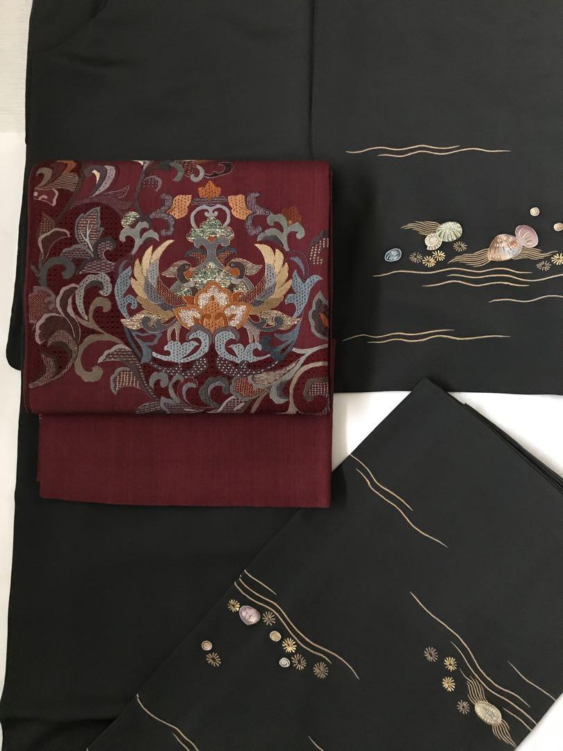 紬に総刺繍柄の袋帯　正絹　素晴らしい刺繍です