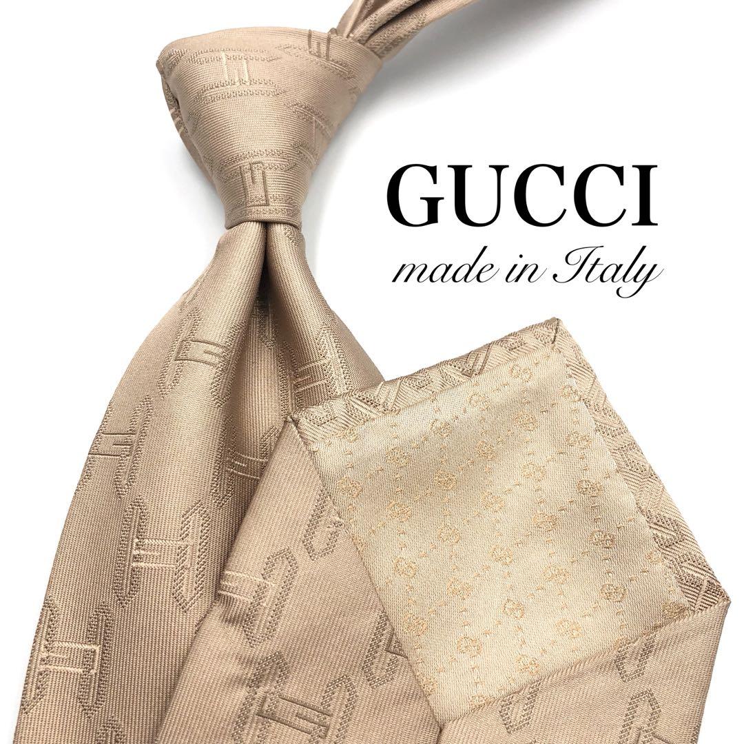【美品】GUCCI ネクタイ H柄 G柄 小紋柄 ジャガード織 ライトベージュ