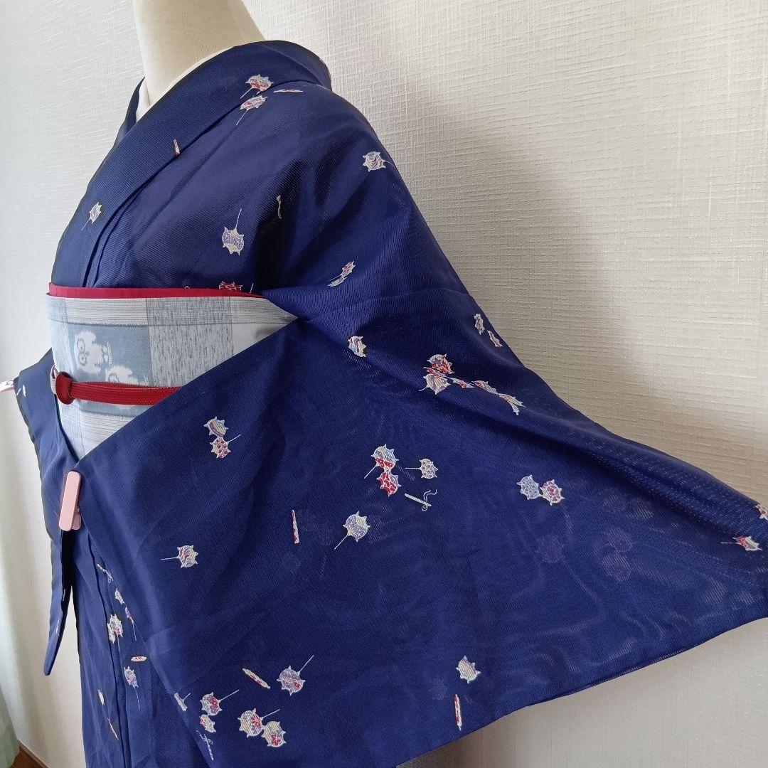 紺系 糸巻き模様 小紋 絽・夏物・単衣 洗える 化繊