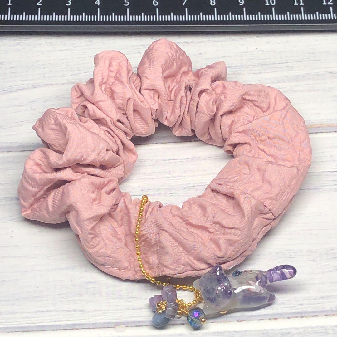 C 【2600】キリ番SALE ハンドメイド シュシュ 猫 チャーム 紫陽花