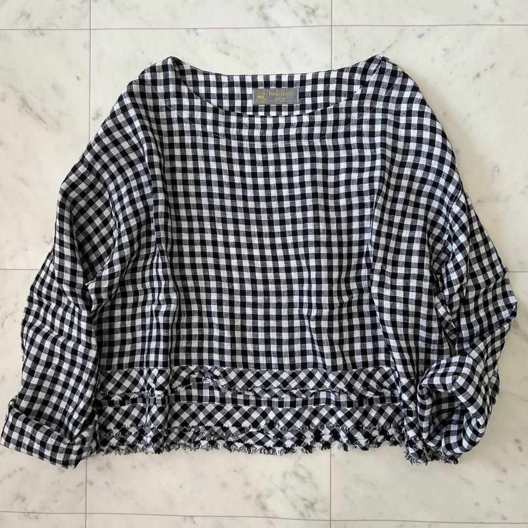 美品　モトキタナカ　リネン　シャツ　ブラウス　ブロックチェック　フリンジ