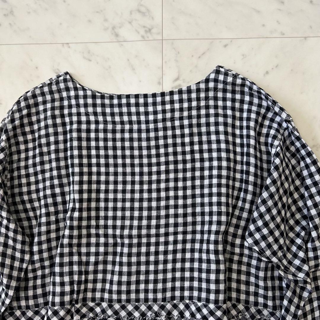 美品　モトキタナカ　リネン　シャツ　ブラウス　ブロックチェック　フリンジ