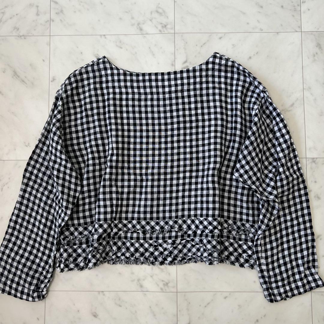 美品　モトキタナカ　リネン　シャツ　ブラウス　ブロックチェック　フリンジ