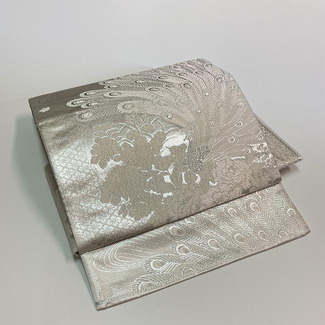 ★美品 　つくり帯　リメイク　美保姿　孔雀　白・銀★　r514e