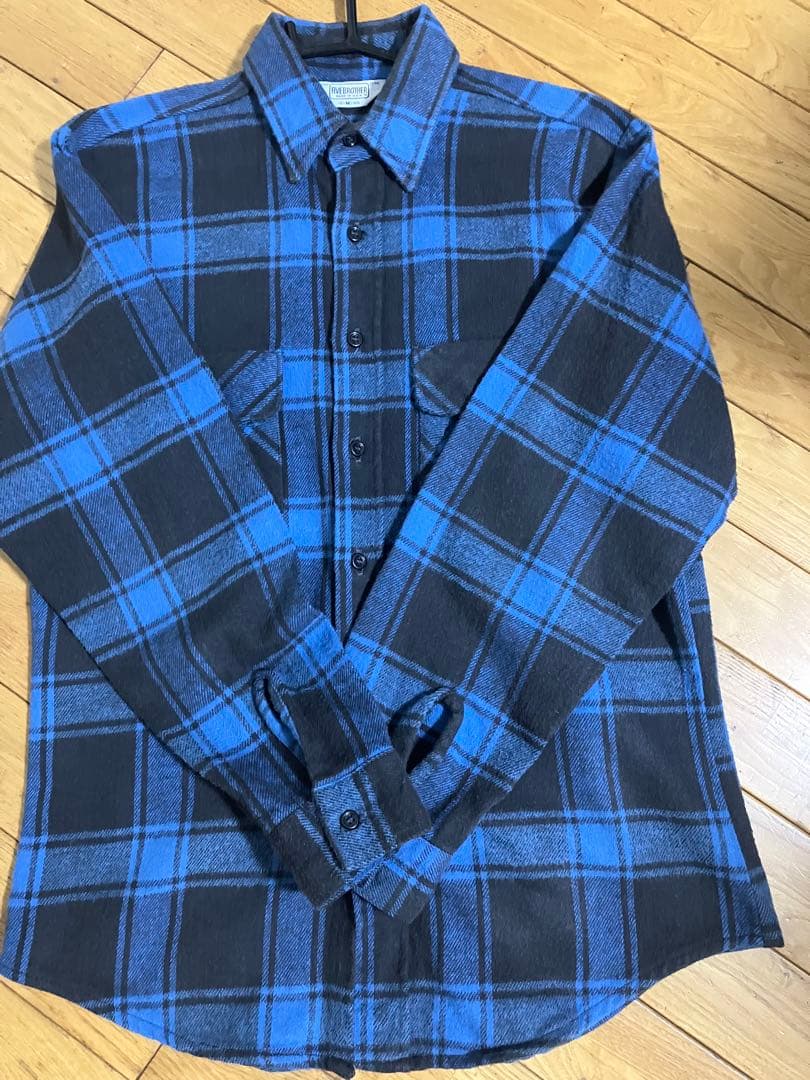 好配色 黒ボタン青黒ネルシャツM・FIVE