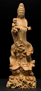 黄楊木彫精品実木家風水彫刻工芸品送子観音菩薩