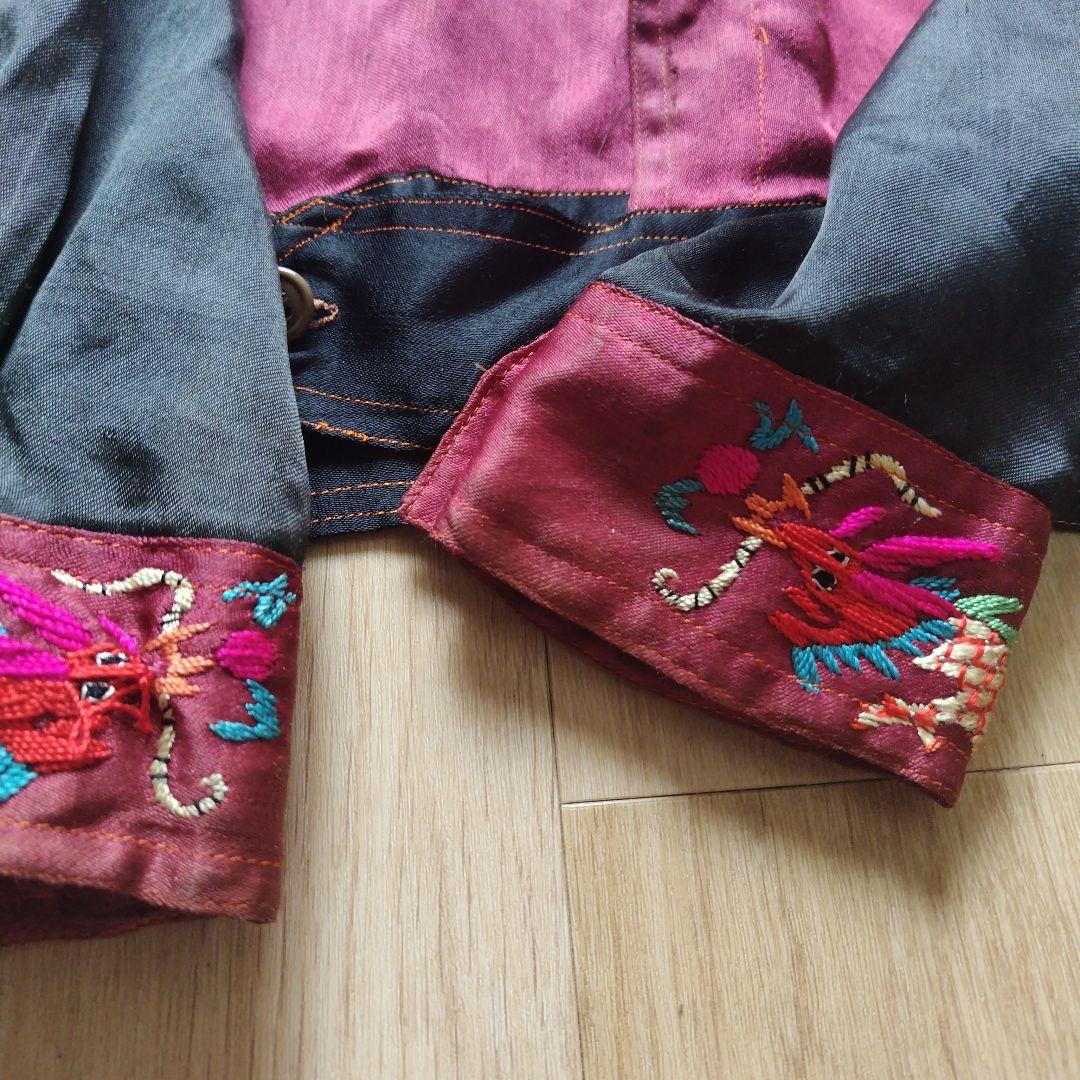 40s 50s　スカシャツ　黒　龍　ドラゴン　刺繍　古着　ビンテージ