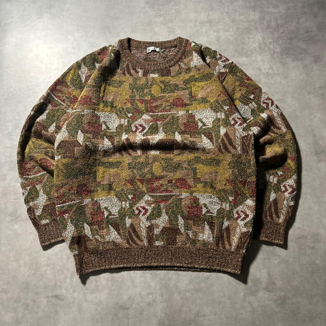 ヴィンテージ 総柄 レトロ 幾何学 模様 アートパターン ニット セーターM VINTAGE