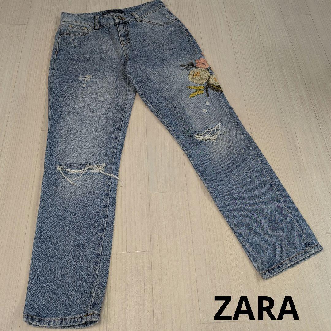 大量入荷 ZARA 刺繍入りライトブルーデニムパンツ タイトストレート パンツ